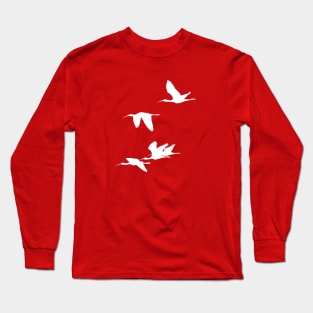 White Silhouette of Glossy Ibises In Flight Long Sleeve T-Shirt